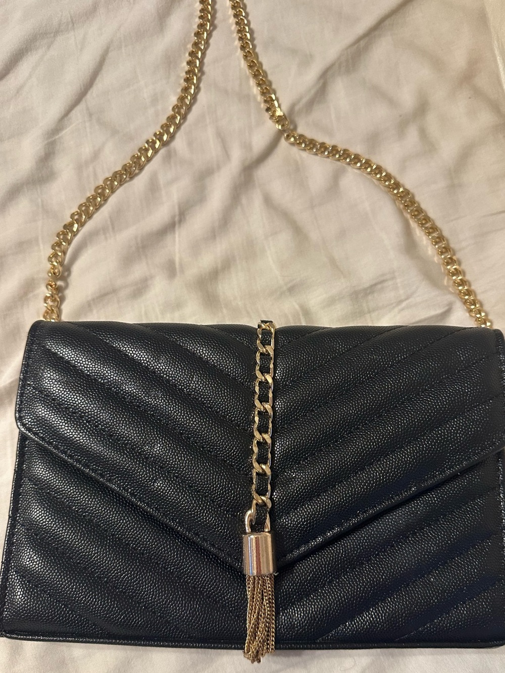 Black Leather Wallet Crossbody with gold chain